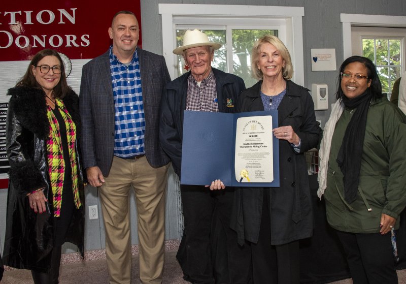 Celebrating SDTR’s 10th anniversary are (l-r) Rep. Claire Snyder-Hall, D-Rehoboth Beach; Sen. Brian Pettyjohn, R-Georgetown; Sen. David Wilson, R-Lincoln; Executive Director Jo Allegro-Smith; and Rep. Alonna Berry, D-Milton.